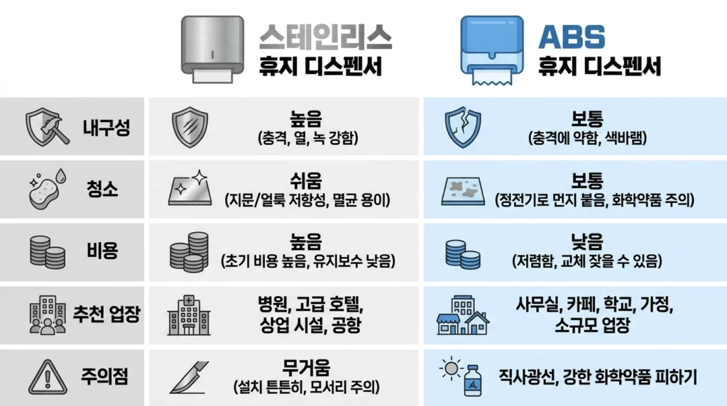 스테인리스 휴지 디스펜서와 플라스틱(ABS) 휴지 디스펜서의 차이를 이해하고 상황에 맞는 선택을 하도록 돕는다. 텍스트로 미처 담지 못한 내용까지 꼼꼼하게 비교가 가능하다.