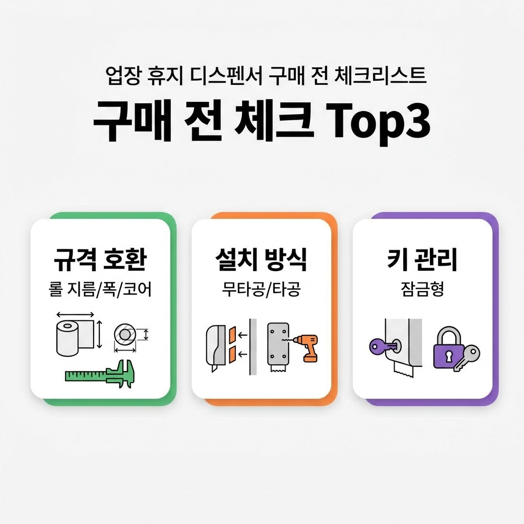 업장용 휴지 디스펜서를 구매할 시에 규격 호환(롤 지름/폭/코어), 설치 방식(무타공/타공), 키 관리(잠금형 선택 시)를 고려하여 실패 없는 선택을 할 수 있도록 한다.