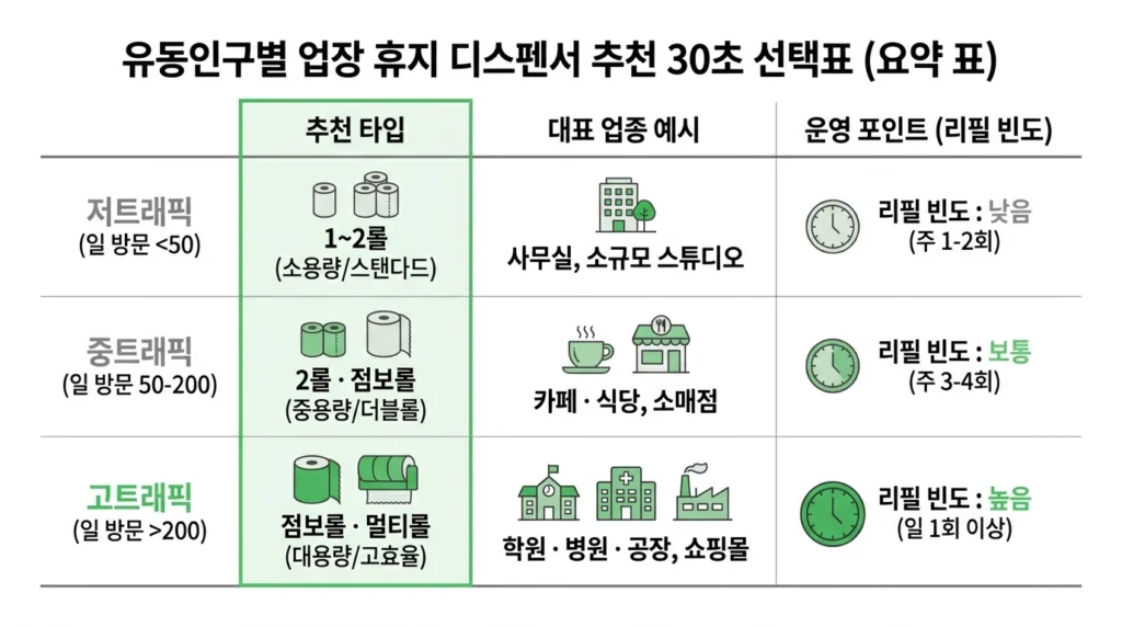 트래픽에 따른 업장 휴지 디스펜서 추천 표를 보고 30초 안에 빠르게 디스펜서 타입을 고를 수 있도록 돕는다. 글의 도입부에 위치하여 글의 핵심 요지를 한 번에 파악할 수 있도록 한다.