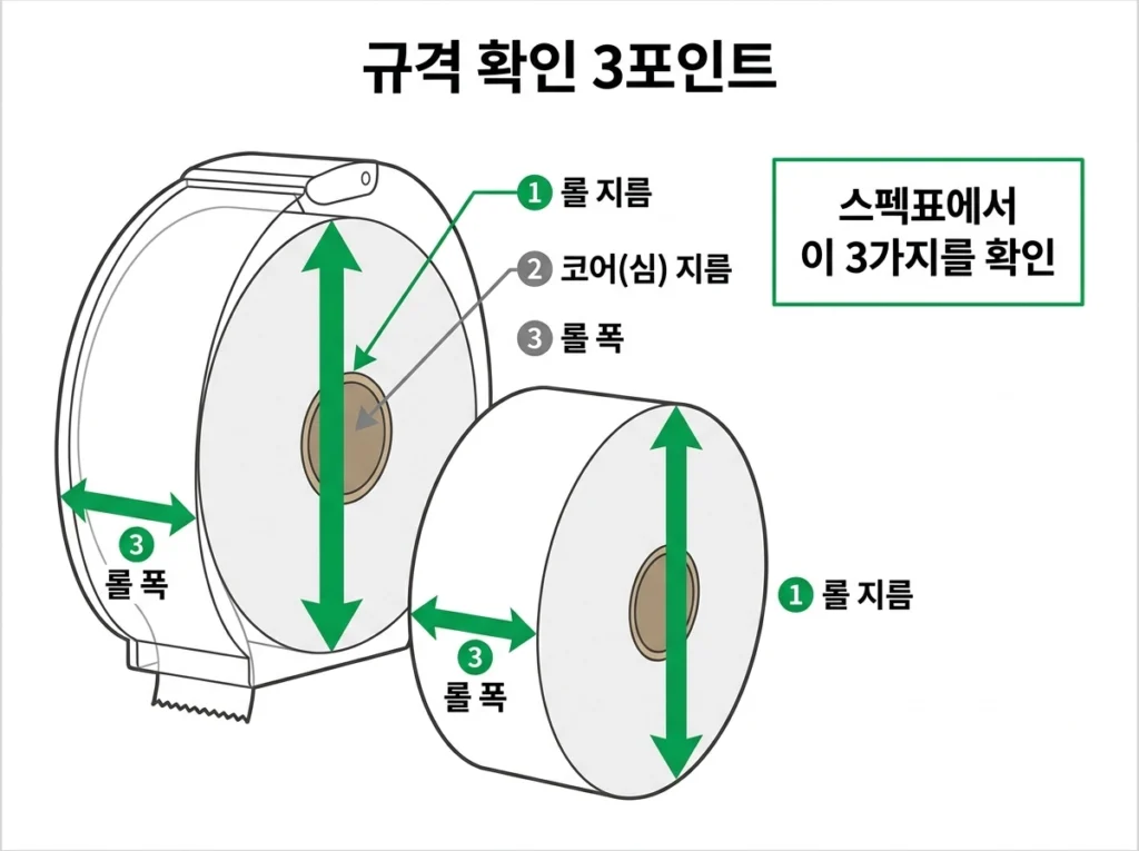 휴지(점보롤 등 롤휴지) 규격 확인 3 포인트 도해를 참고해 휴지 및 휴지 디스펜서 구매 시 롤 지름, 코어(심) 지름, 롤 폭을 이해하고 비교할 수 있도록 한다.