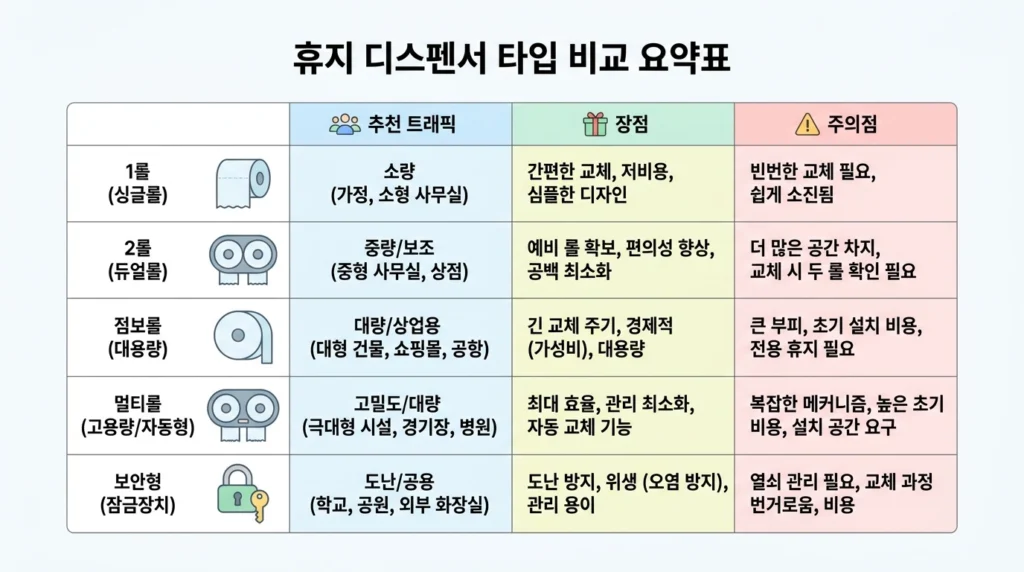 휴지(롤타입) 디스펜서 타입 간 비교 요약표를 통해 각 디스펜서의 차이를 빠르게 이해하고, 내 업장의 트래픽을 고려해 적합한 휴지 디스펜서를 구매할 수 있도록 한다.
