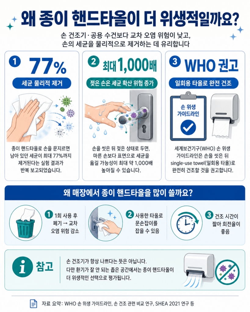 종이 핸드타올 위생 효과 인포그래픽 세균 77퍼센트 제거
